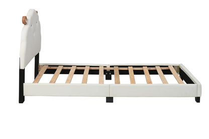 Upholstered Twin Size Platform Bed for Kids, with Slatted Bed Base, No Box Spring Needed, White color, Sheep Design