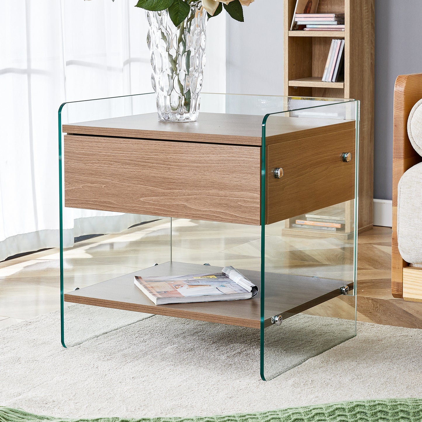 Bedside table with drawers. The board surface is MDF sticker, and both sides are transparent tempered glass. The design is simple and elegant, with excellent storage functions.