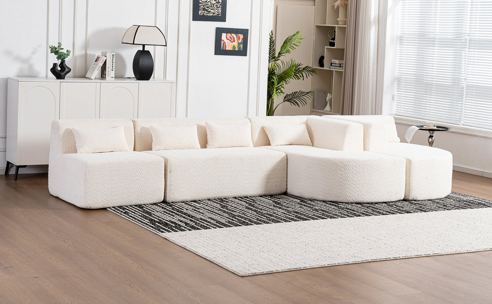 143.7" Upholstered Sofa Free-combined Sofa Couch with Two Chaise Lounge and Five Back Pillows for Living Room, Beige