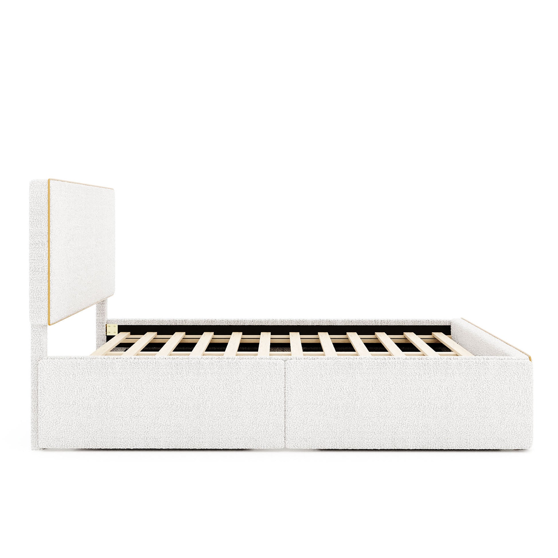 Full Size Upholstered Platform Bed with 4 Drawers and Golden Edge on the Headboard & Footboard, White