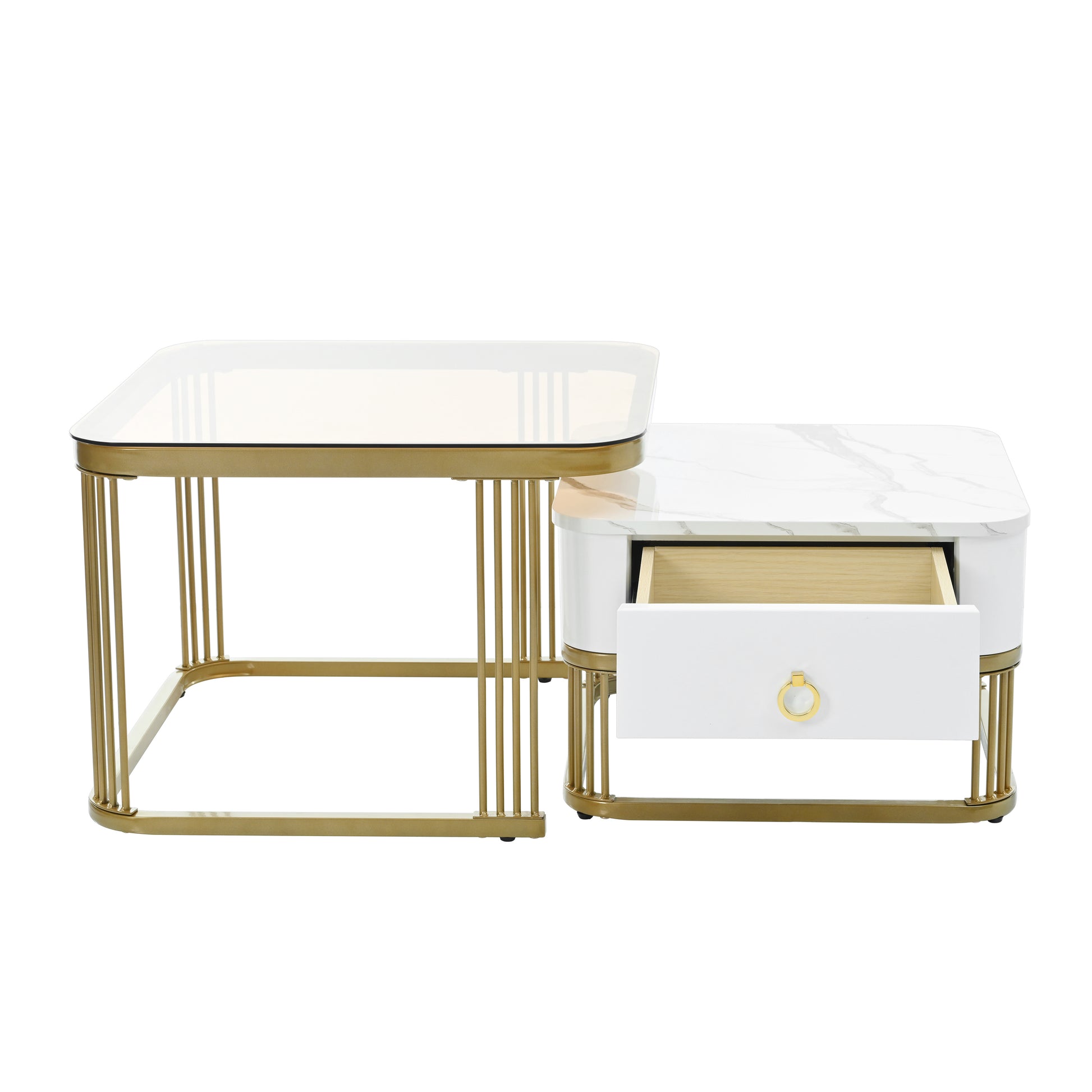 ON-TREND Nesting Coffee Table with Drawer, Set of 2, Exquisite Square Stacking Coffee Tables with Brown Tempered Glass, Side Table with High Gloss Marble Grain Tabletop for Living Room, White