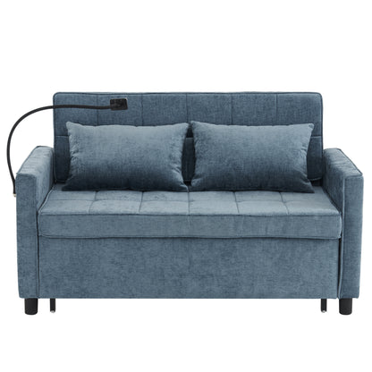 56.9" Loveseat Sofa Pull-out Sofa Bed Sleeper Sofa with a Reversible Backrest Cushion, Side Pockets, Two USB Ports and a Phone Holder for Living Room, Blue