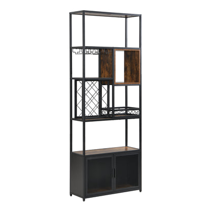 82.7" Industrial Tall Black Bar Wine Rack Cabinet with Glass Holder Wood Home Bar Cabinet