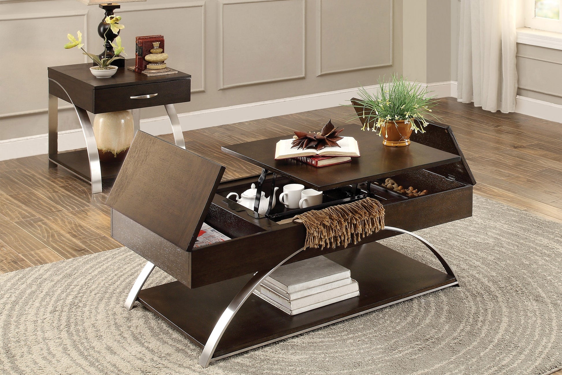 Modern Living Room Furniture 1pc Lift Top Coffee Table with Display Shelf Espresso Finish Wood Chrome Metal Finish Unique Style Cocktail Table