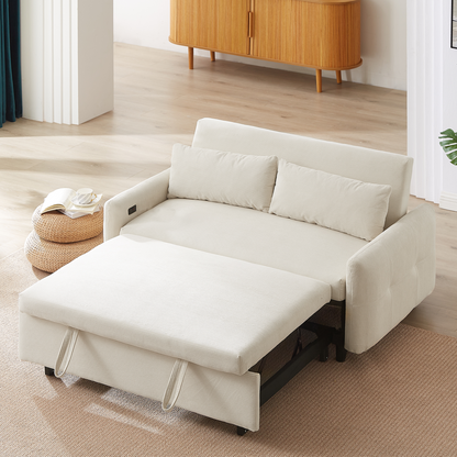 57.48" Pull-out Sofa Bed Convertible Couch 2 Seat Loveseat Sofa Modern Sleeper Sofa with Two Throw Pillows and USB Ports for Living Room, Beige(Old Sku:WF317760AAA)