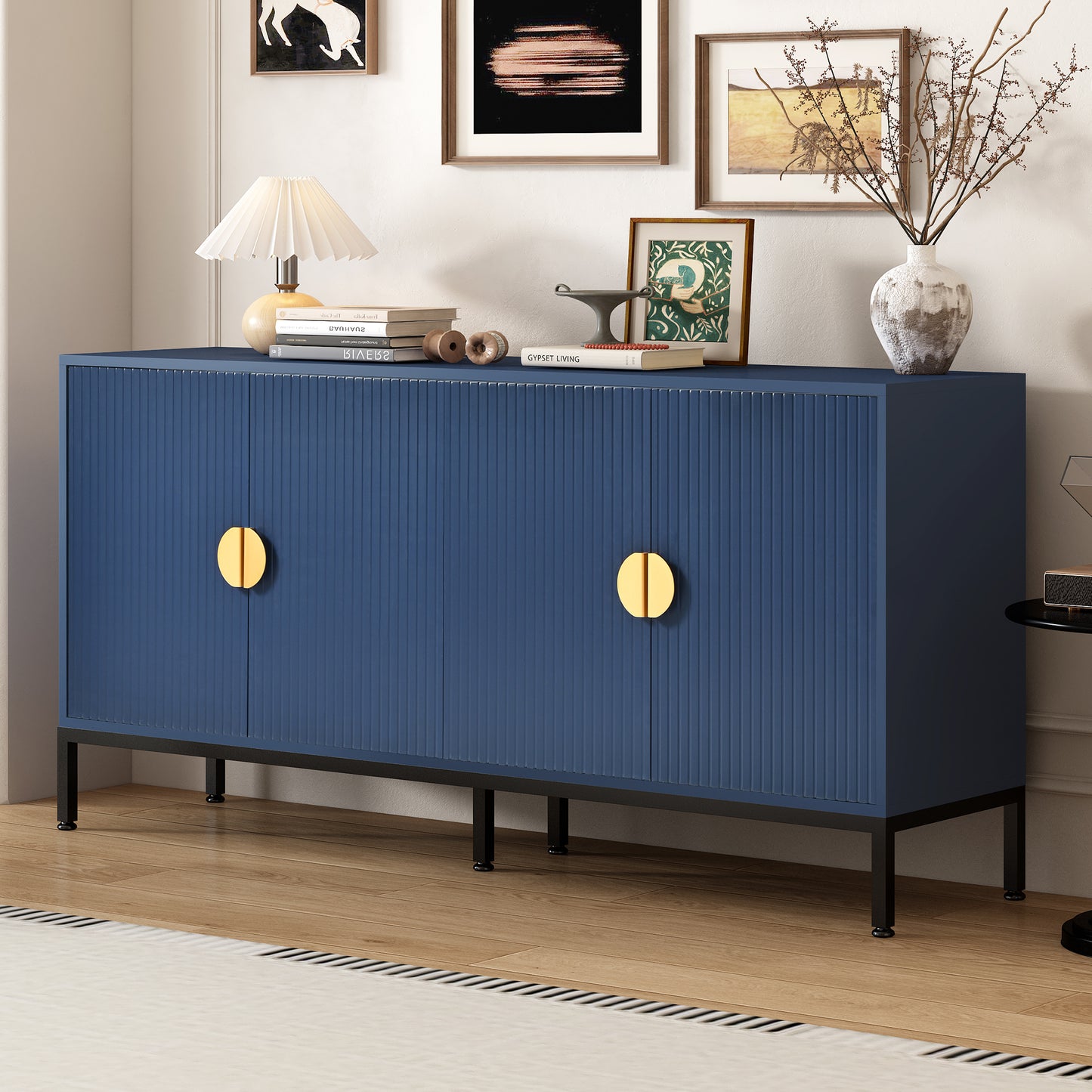 U_STYLE  Exquisite Vertical-Striped Four-Door Sideboard with Sturdy Metal Legs and Semi-Circular Handles, Suitable for Study, Entryway and Living Room