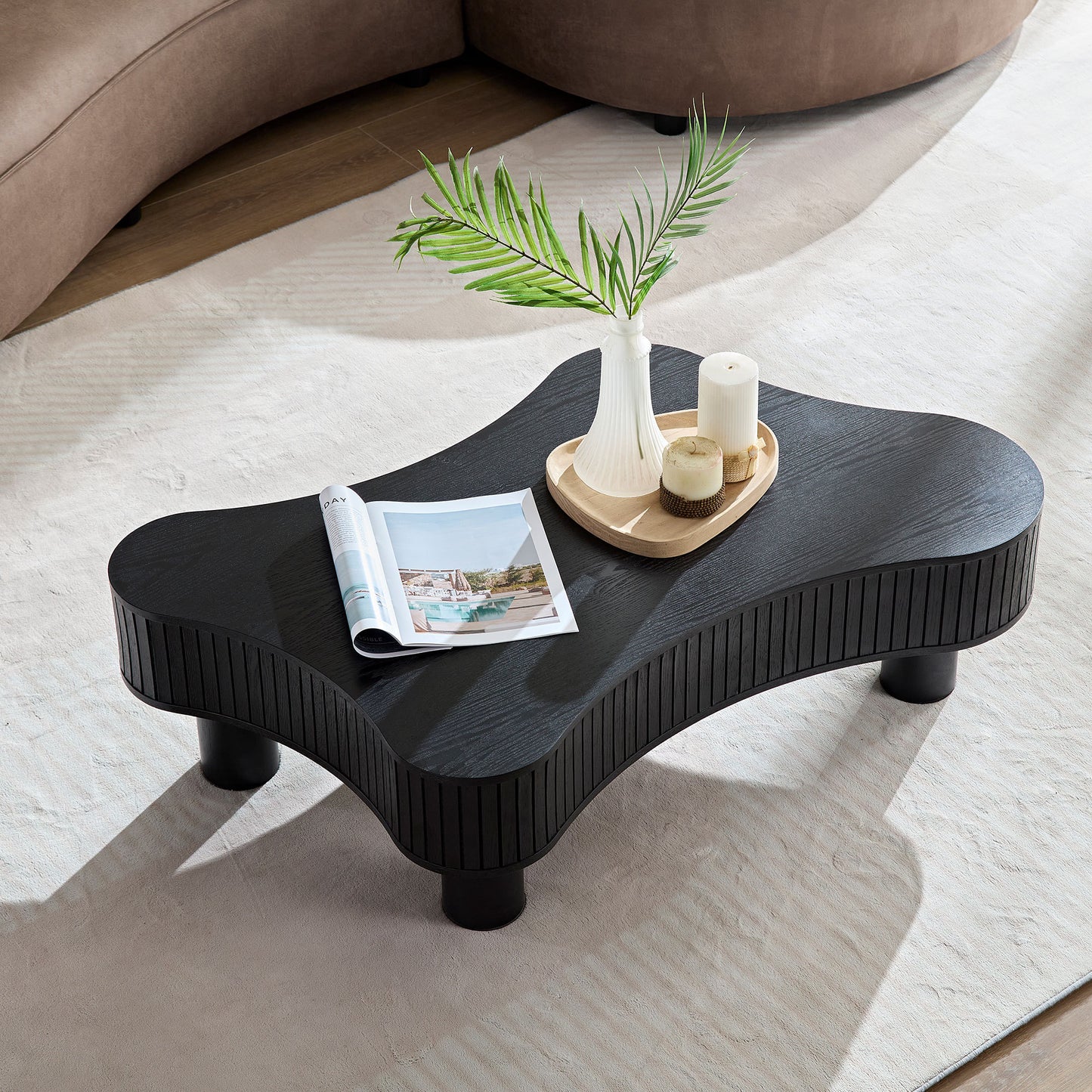 42.52 Inch Modern Wooden Handcraft Drum Coffee Table Irregular Shaped Coffee Table for Living Room,Small Coffee Table with Sturdy Pedestal,Black