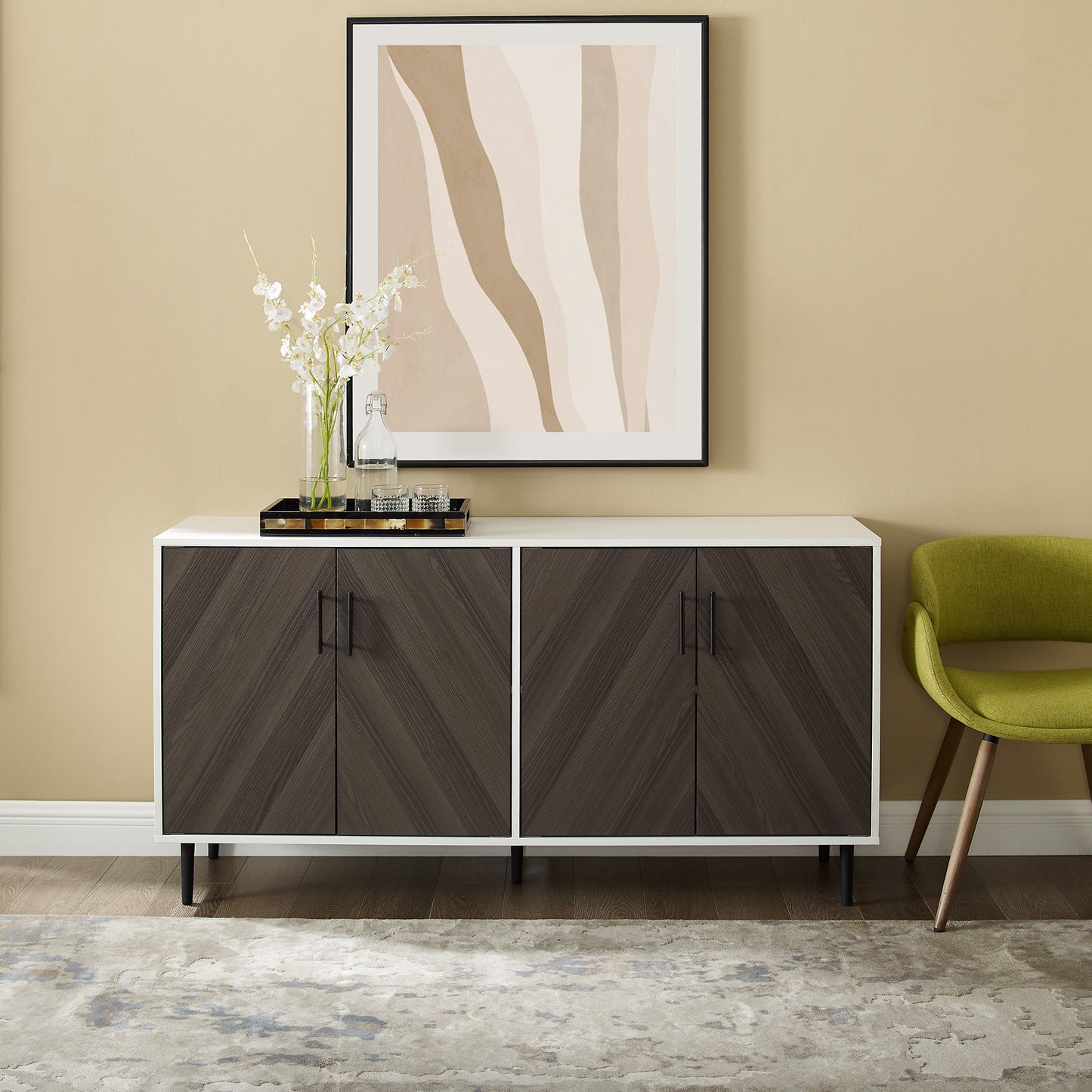 Mid-Century Modern Faux-Bookmatch Door Buffet - Ash Brown Bookmatch / Solid White