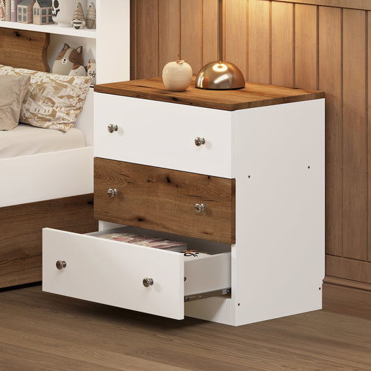 3-Drawer Wooden Nightstand with Colorblock Design and Metal Handle, Wood Side Table with Storage Cabinet for Bedroom, White+Brown