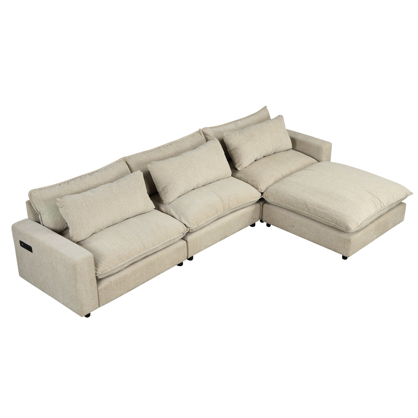 128" Sectional Sofa Cloud Sofa Chenille Upholstered Sofa  Couch with Movable Ottoman, Comfortable Seat Cushions, Charging Ports and Three Back Pillows for Living Room, Beige