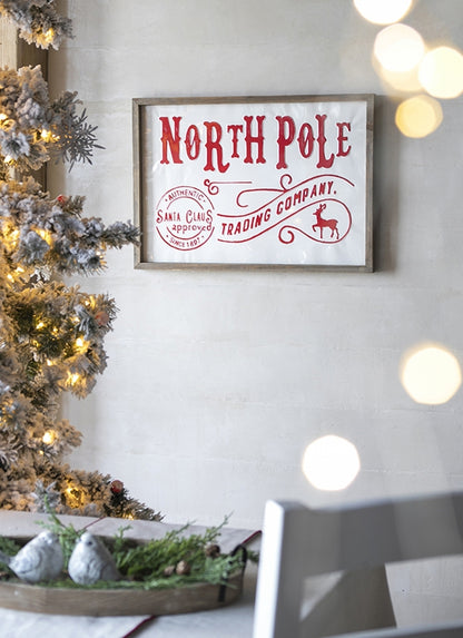 26x18"H Iron/Wood North Pole Trading Company Wall Sign, for Christmas Holiday Table Wall Decor