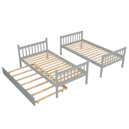 Twin Over Twin Bunk Beds with Trundle, Solid Wood Trundle Bed Frame with Safety Rail and Ladder, Kids/Teens Bedroom, Guest Room Furniture, Can Be converted into 2 Beds,Grey (Old Sku:W504S00027)