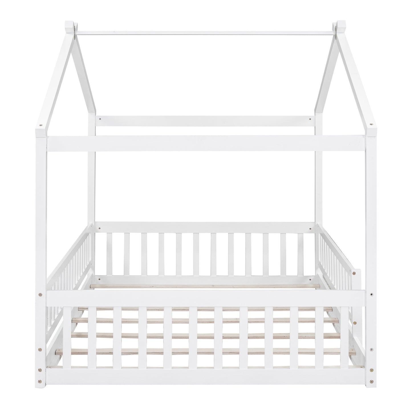 Full Size Wood Bed House Bed Frame with Fence, for Kids, Teens, Girls, Boys,White