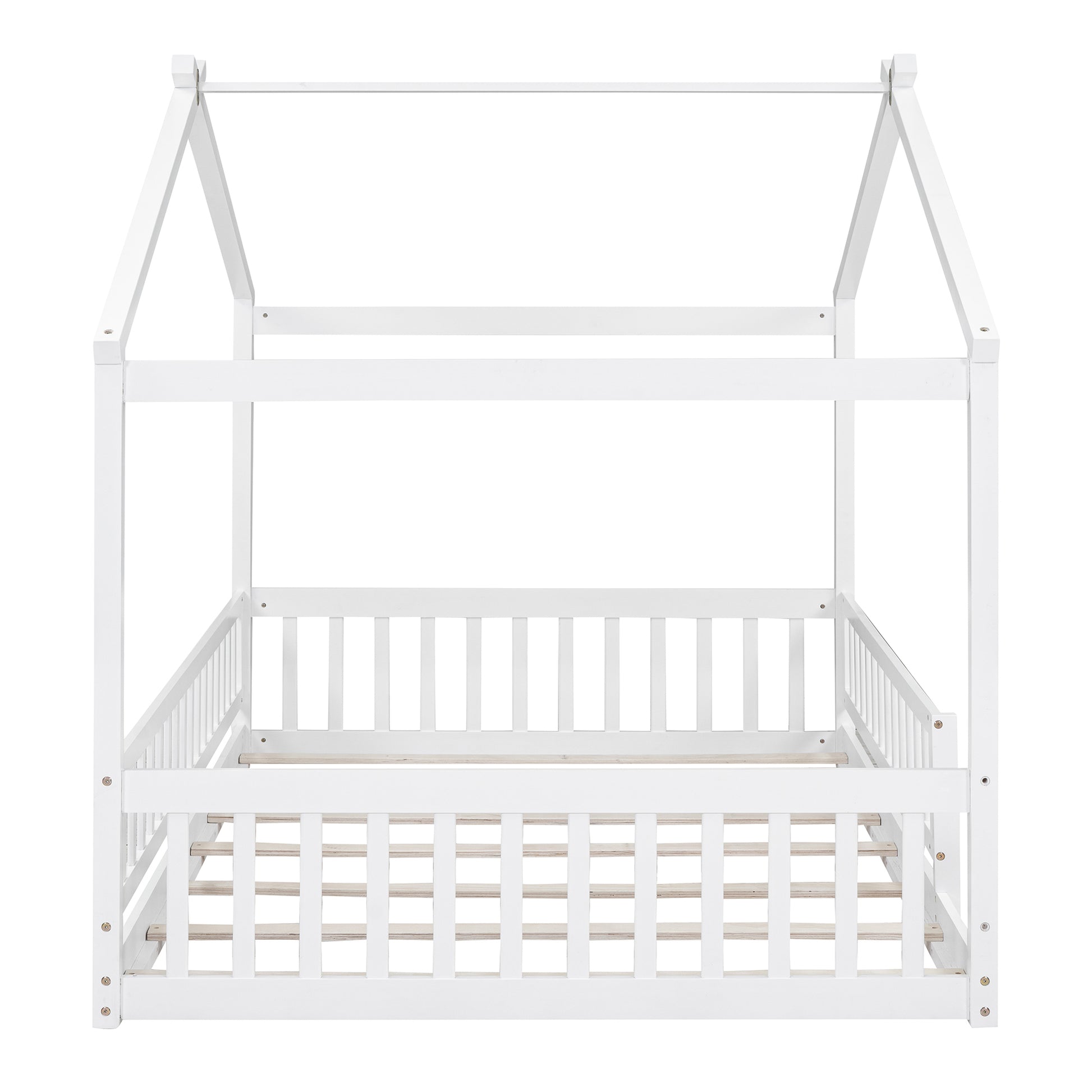 Full Size Wood Bed House Bed Frame with Fence, for Kids, Teens, Girls, Boys,White