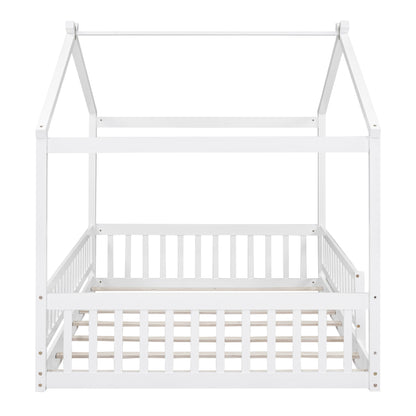 Full Size Wood Bed House Bed Frame with Fence, for Kids, Teens, Girls, Boys,White