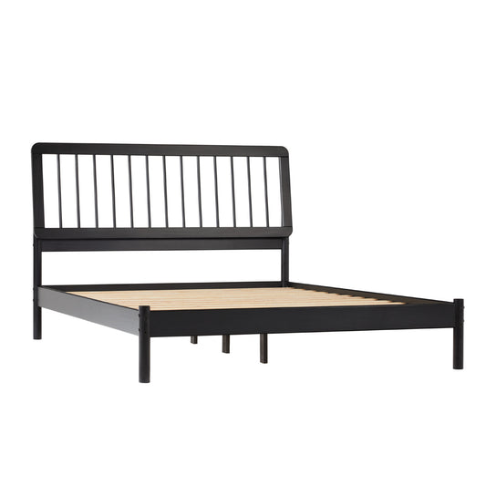 Mid-Century Modern Solid Wood Queen Spindle Bed – Black