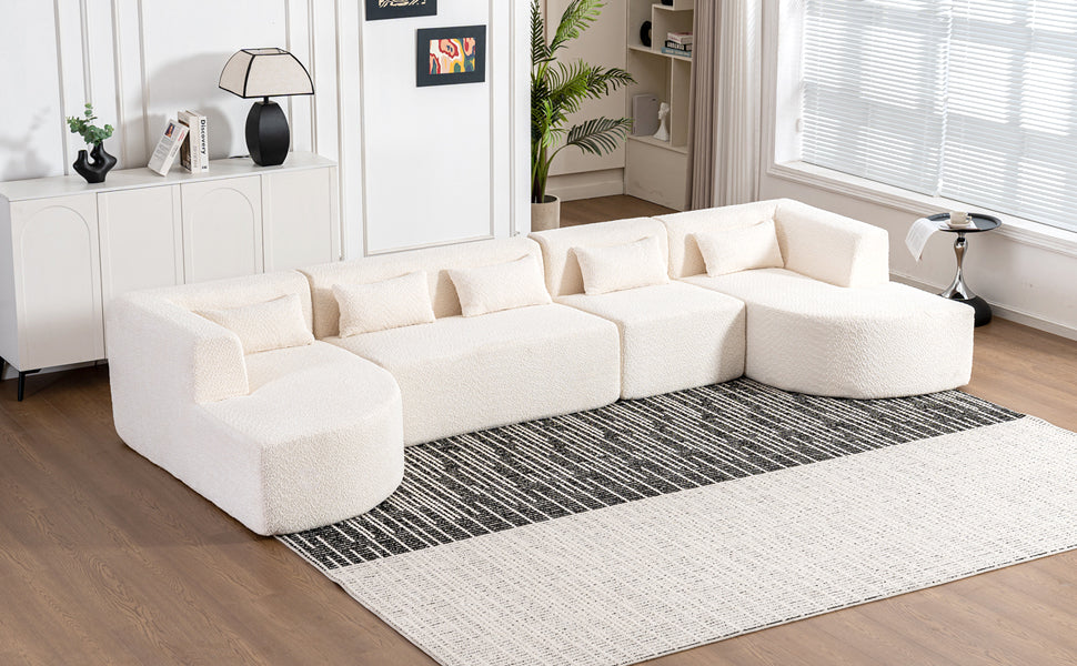 143.7" Upholstered Sofa Free-combined Sofa Couch with Two Chaise Lounge and Five Back Pillows for Living Room, Beige