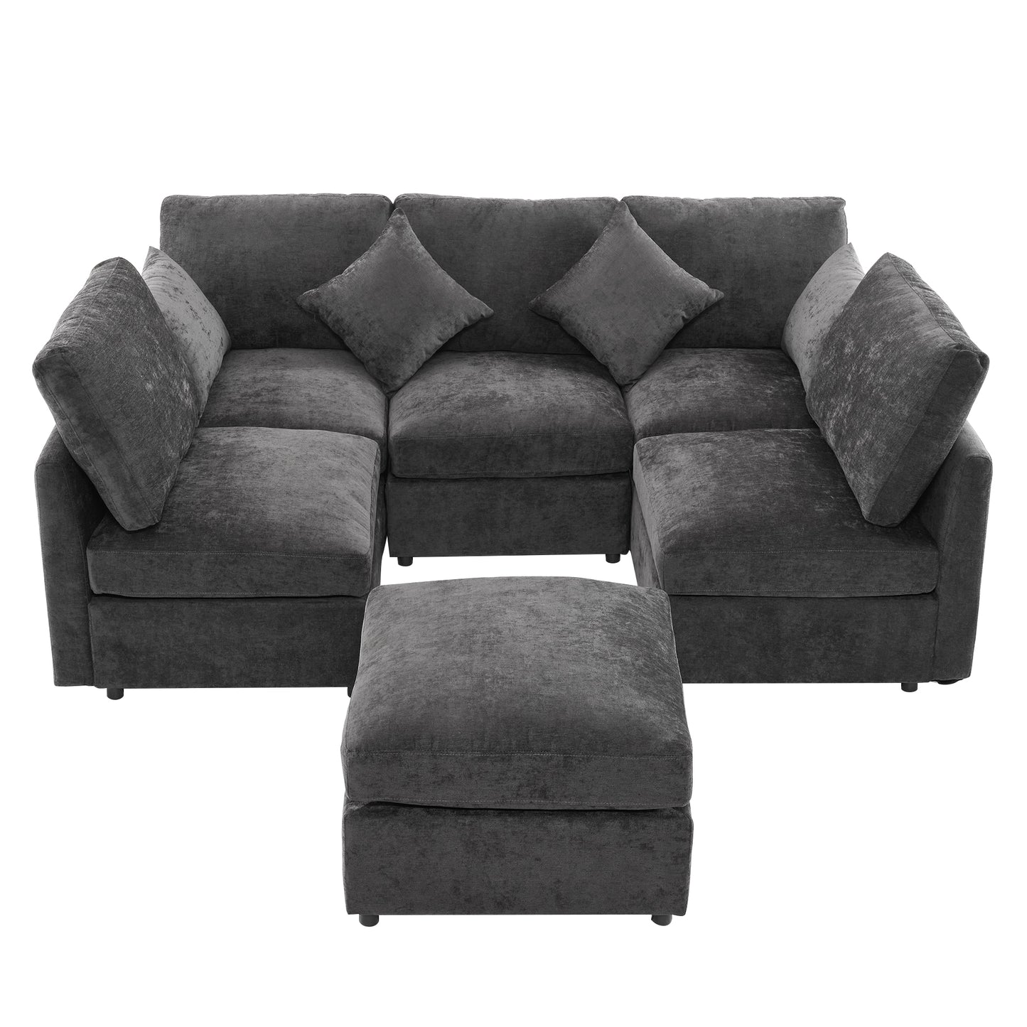 85.4" Sectional Sofa Modular Sofa U-shaped Sofa Couch Sofa Bed L-shaped Sofa with a Movable Ottoman and Two USB Ports for Living Room, Black