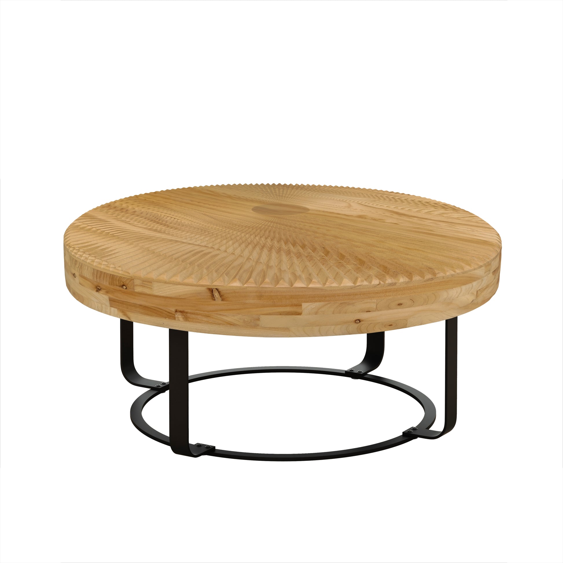 Modern Round Coffee Table Wooden Carving Pattern Coffee Table with Metal Legs for Living Room Reception Room Office ,Black