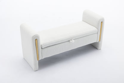 032-Teddy Fabric Storage Bench Bedroom Bench With Gold Metal Trim Strip For Living Room Bedroom Indoor,Ivory