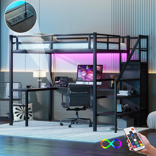 Full Size Loft Bed with L-shaped Desk and USB, Metal Loft Bed with Wardrobe and Adjustable Shelf, High Loft Bed with LED for Kids Teens Adults, Black