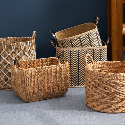 Square Palm Leaf Woven Wicker Storage Basket with Handles Set of 2 - 14" x 14" x 15" and 16" x 16" x 17" - Black and Brown - For Clothes, Books Storage, Picnic and Home Decoration