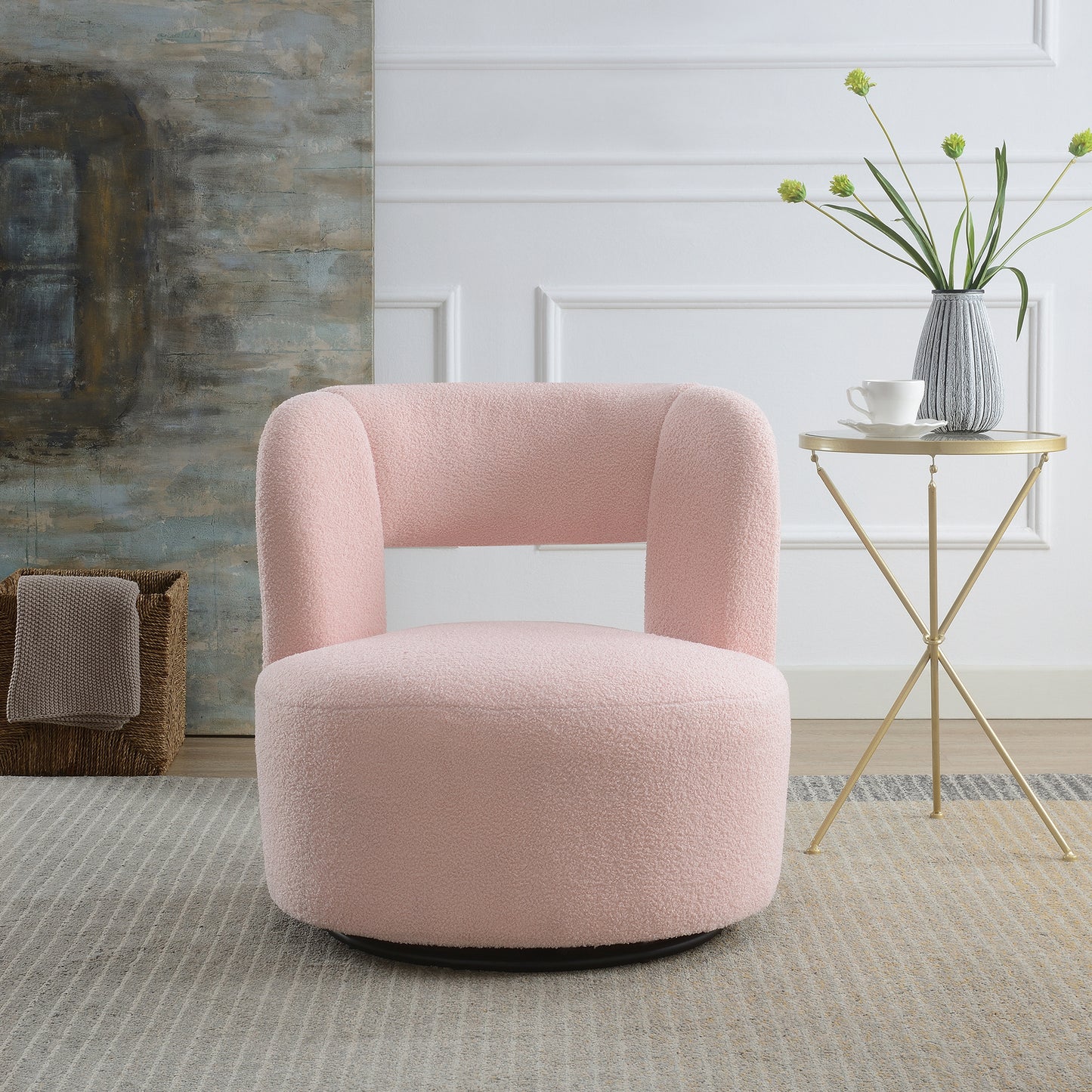 Swivel Barrel Chair with Soft Teddy Fabric, Comfy Round Accent Chair for Living Room.Upholstered Performance Fabric for Living Room Bedroom Reading Waitingroom,1 PC,Teddy Light Pink