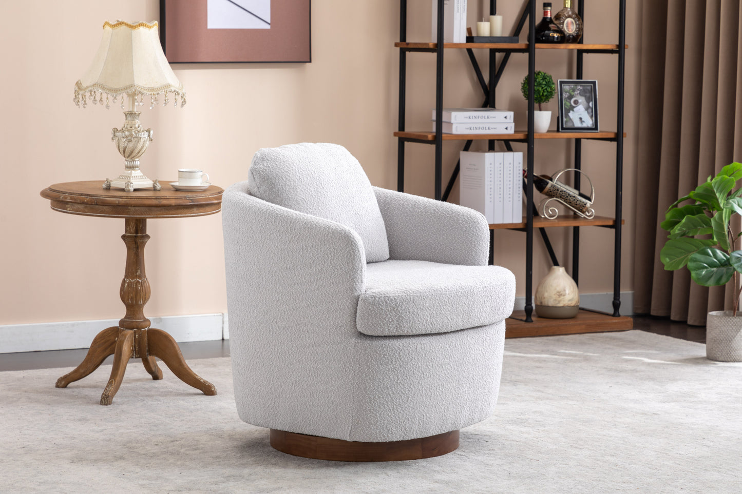 035-Boucle Fabric Swivel Accent Chair With Soild Wood Round Brown Base Leg,Light Gray