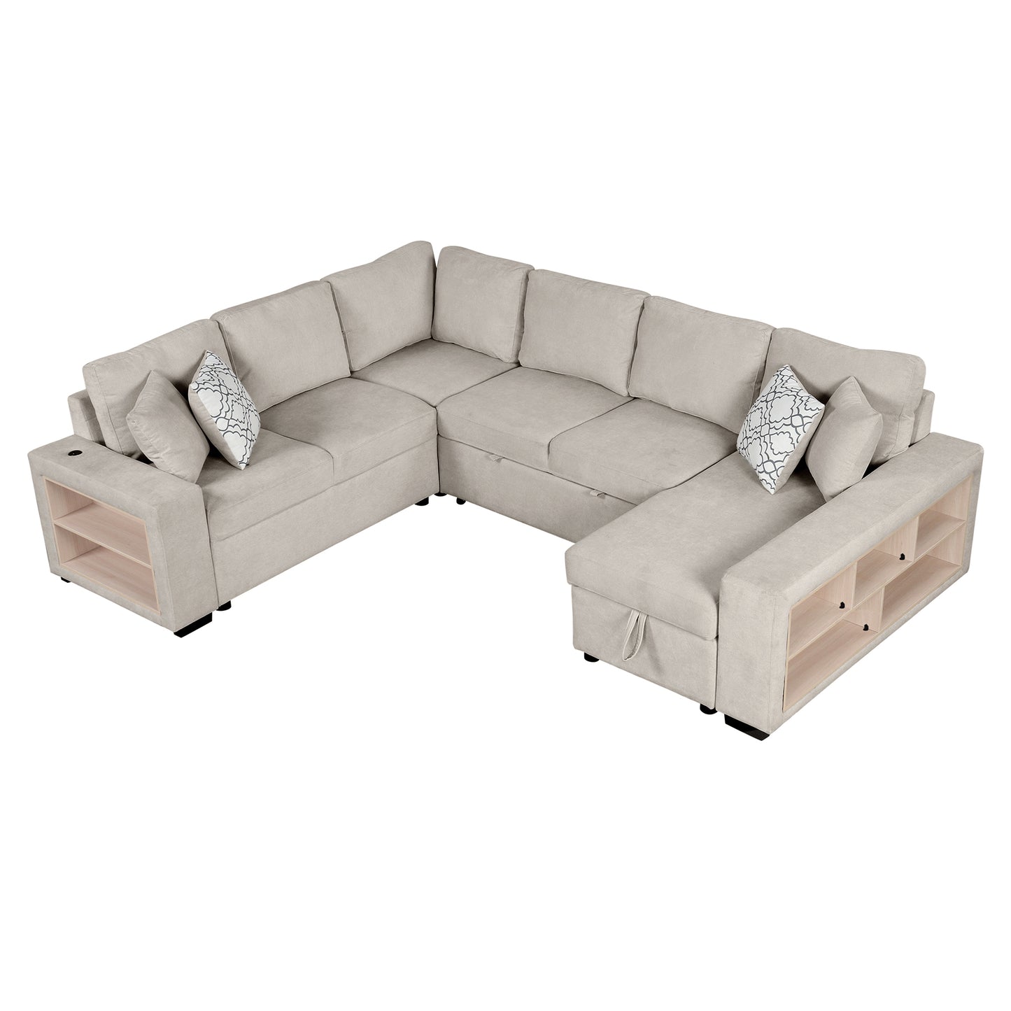 109" U-shaped Sectional Sofa Pull-out Sofa Bed with Two USB Ports, a Storage Chaise Lounge and Four Back Pillows for Living Room, Beige