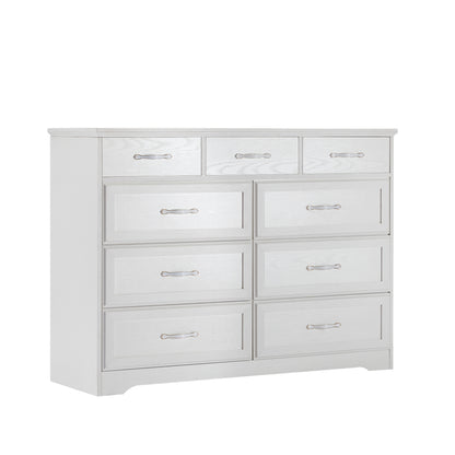 Bedroom dresser, 9 drawer long dresser with antique handles, wood chest of drawers for kids room, living room, entry and hallway, White, 47.56''W x 15.75''D x 34.45''H.