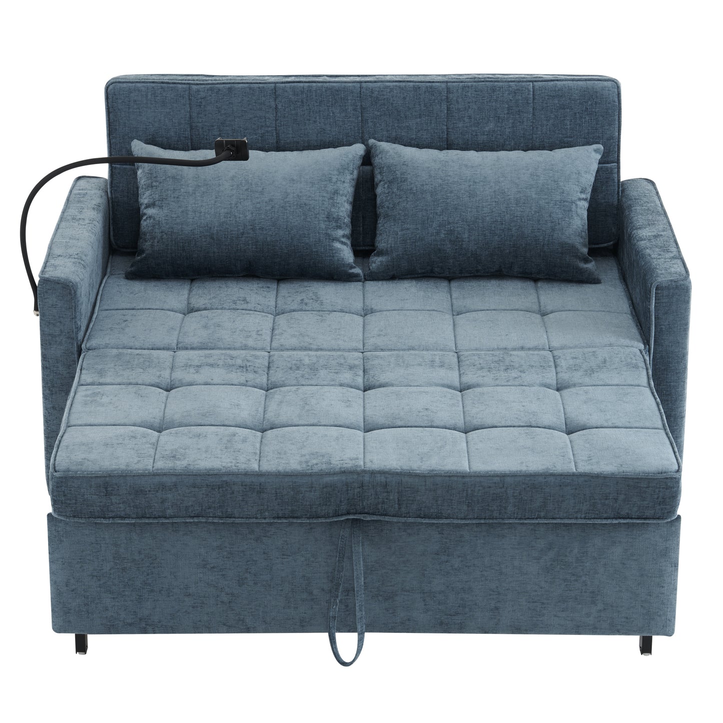 56.9" Loveseat Sofa Pull-out Sofa Bed Sleeper Sofa with a Reversible Backrest Cushion, Side Pockets, Two USB Ports and a Phone Holder for Living Room, Blue