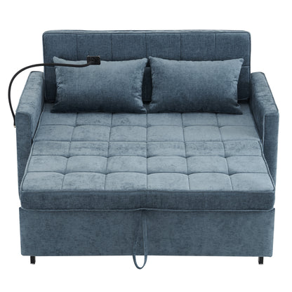 56.9" Loveseat Sofa Pull-out Sofa Bed Sleeper Sofa with a Reversible Backrest Cushion, Side Pockets, Two USB Ports and a Phone Holder for Living Room, Blue