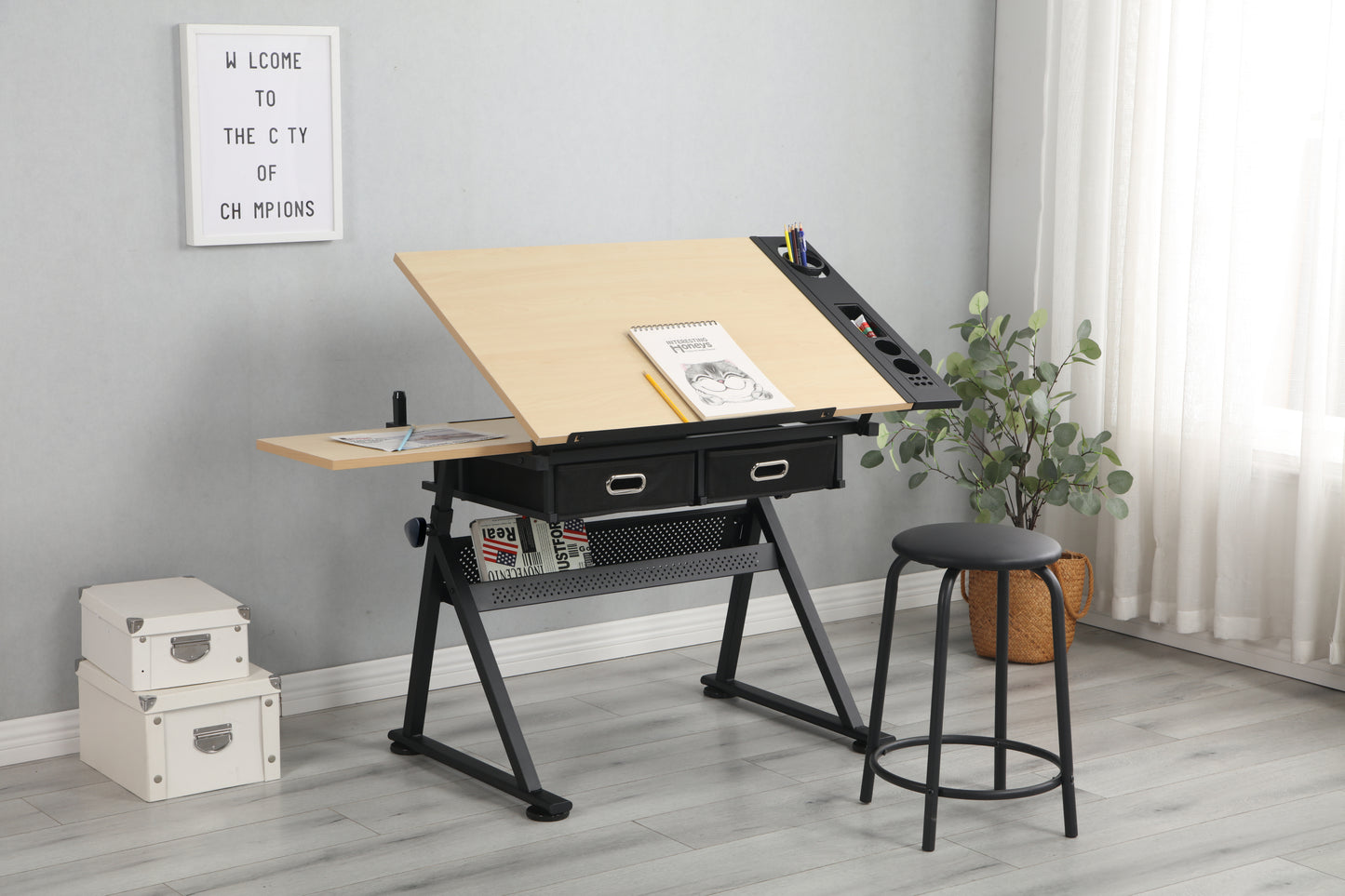 adjustable drawing drafting table desk with 2 drawers for home office and school with stool(wood)