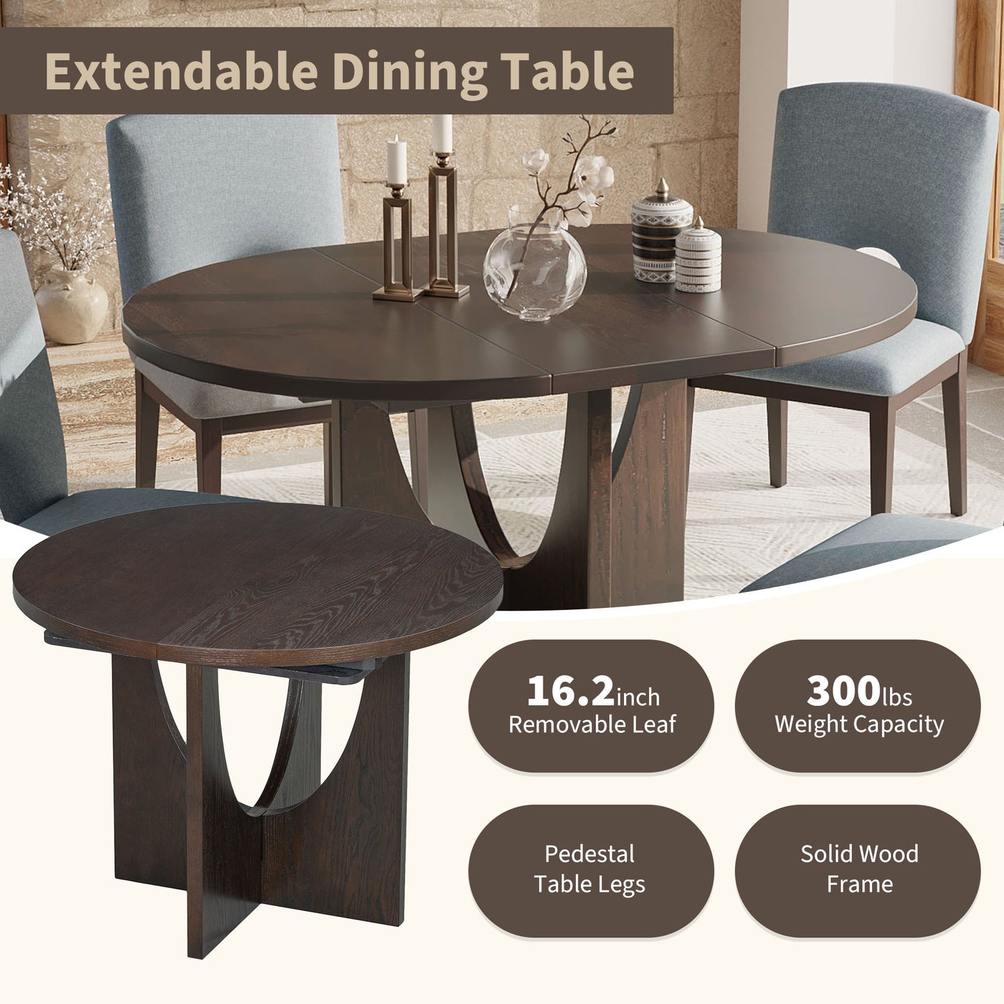 TOPMAX Modern 5-Piece Extendable Round Dining Table Set with 16.2inch Removable Leaf for Small Places, Espresso+Gray