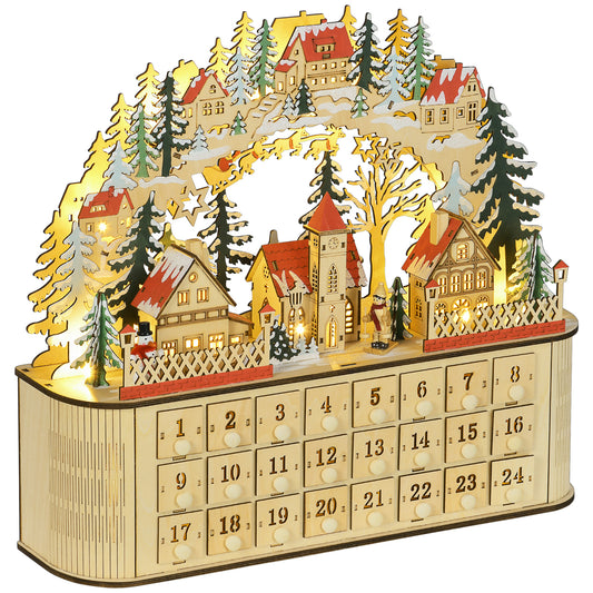 HOMCOM Wooden Christmas Advent Calendar, Light Up Table Holiday Decoration with 24 Countdown Drawers and LED Lights for Kids and Adults, Battery Operated, Natural