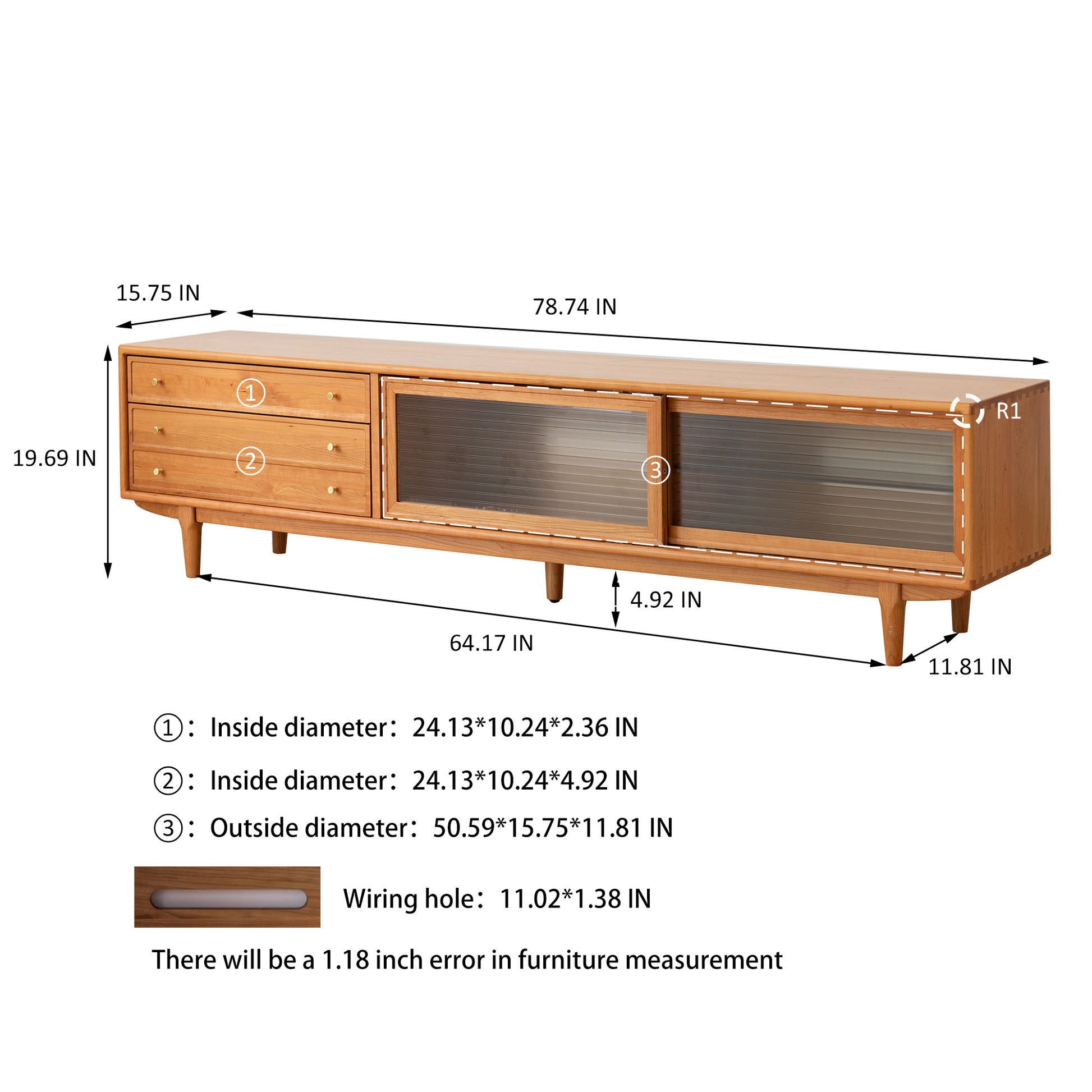 North America FAS Grade Solid Cherry Wood TV Cabinet With Chinese Changhong Glass Doors, Two Drawer Storage Space TV Standing