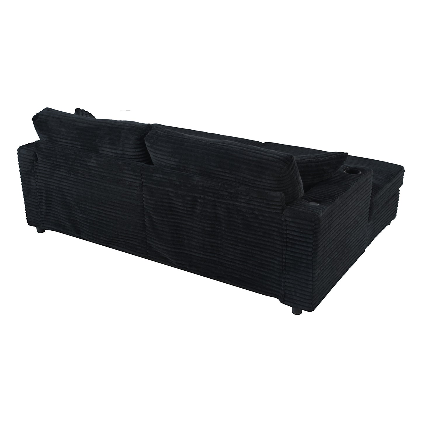 86.5" Oversized Loveseat Chaise Lounge Sectional Sofa Bed Corduroy Sleeper Sofa with Two USB Ports , Two Cup Holders and Two Throw Pillows for Living Room and Bedroom, Black