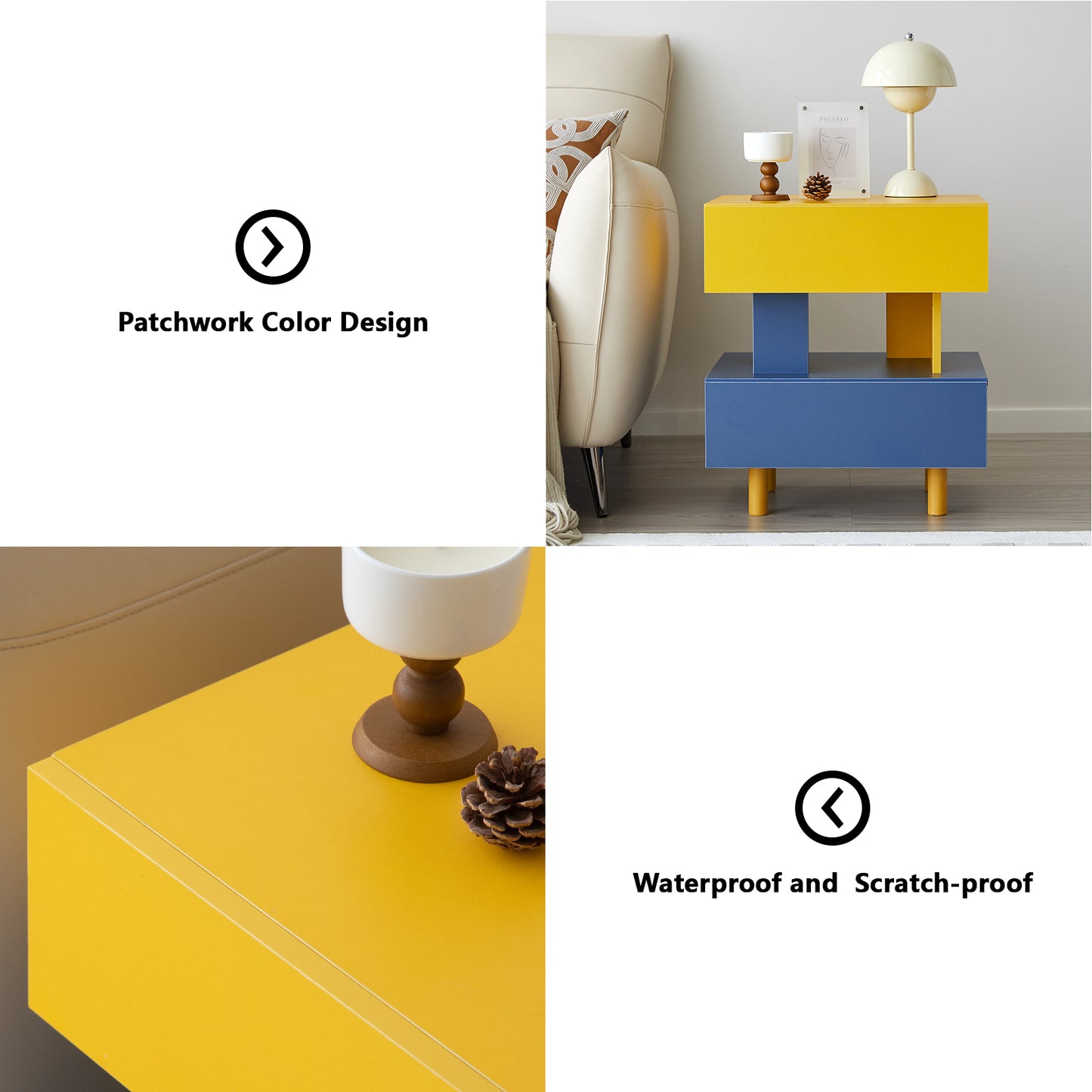 Modern Nightstand End Side Table with Large Storage Space Bedside Table for Bedroom Living Room and Playroom Yellow & Blue