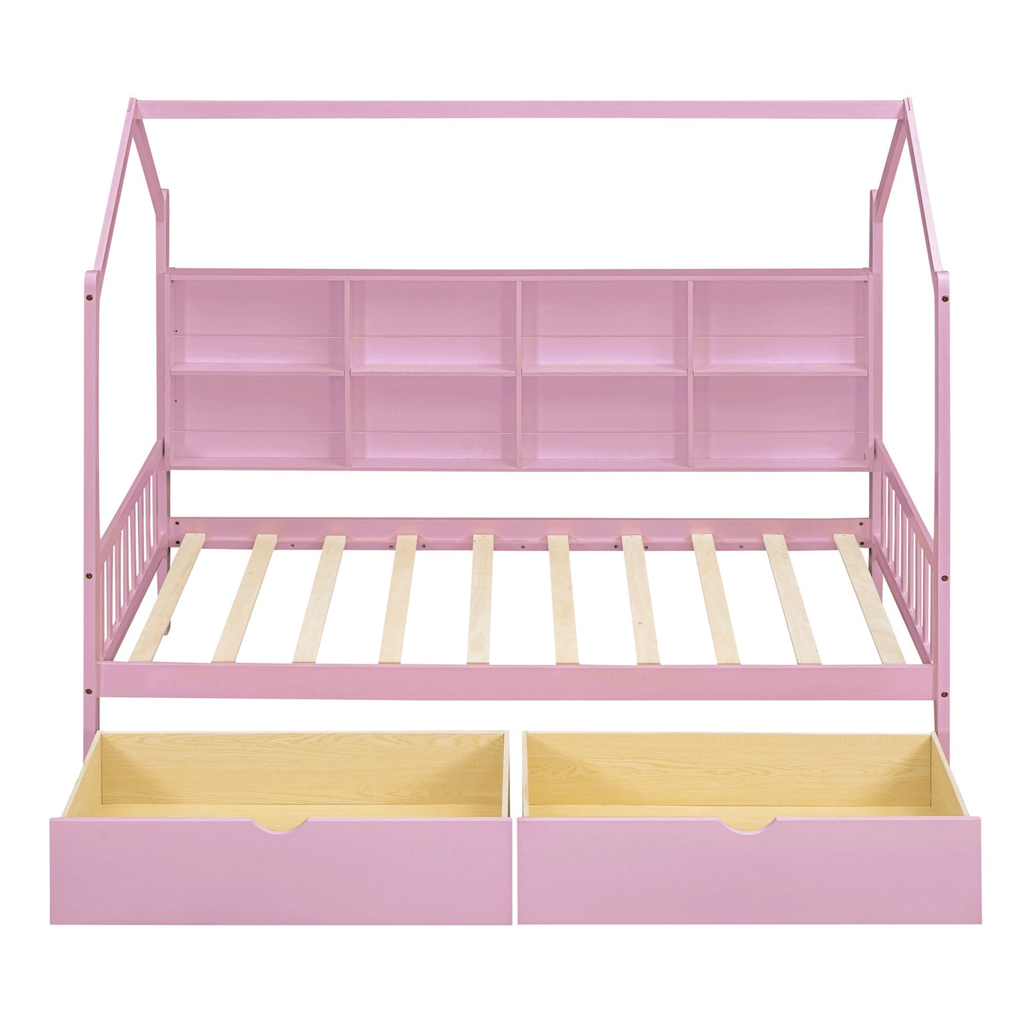 Wooden Twin Size House Bed with 2 Drawers,Kids Bed with Storage Shelf, Pink