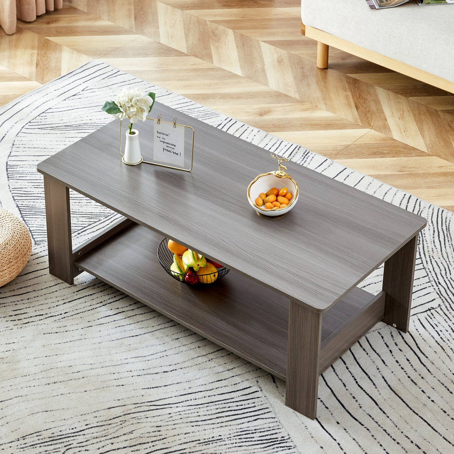 A modern and practical gray textured coffee table,tea table.Double layered coffee table made of MDF material,. Suitable for living room,bedroom and study room. 43.3"*21.6"*16.5"   CT-16