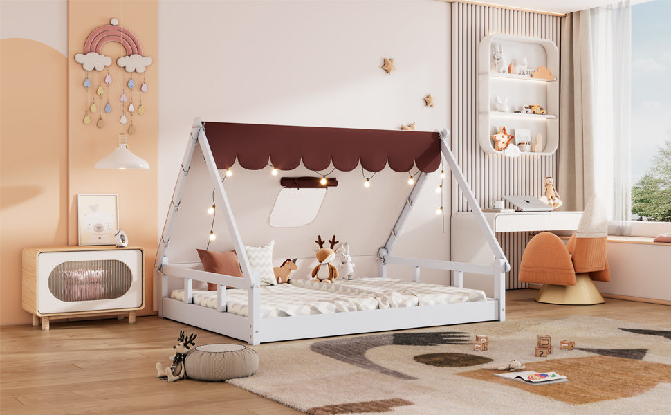 Wooden Full Size Tent Bed with Fabric for Kids,Platform Bed with Fence and Roof, White+Brown