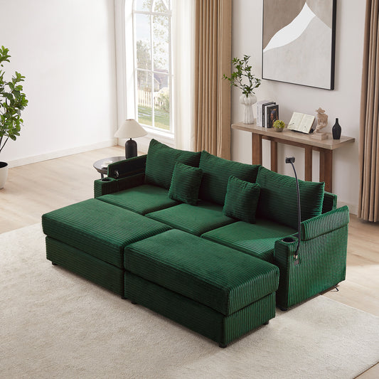 95.3" Modern Style 3-Seater Sofa Sectional Sofa Couch with Storage Space, Two Movable Ottomans, Two USB Ports, Two Cup Holders, A Phone Holder for Living Room, Green