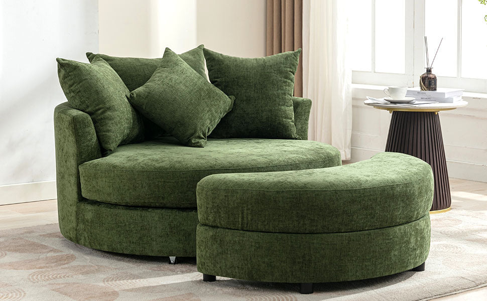 Orisfur. 360° Swivel Accent Barrel Chair with Storage Ottoman & 4 Pillows, Modern Chenille Leisure Chair Round Accent for Living Room, Green