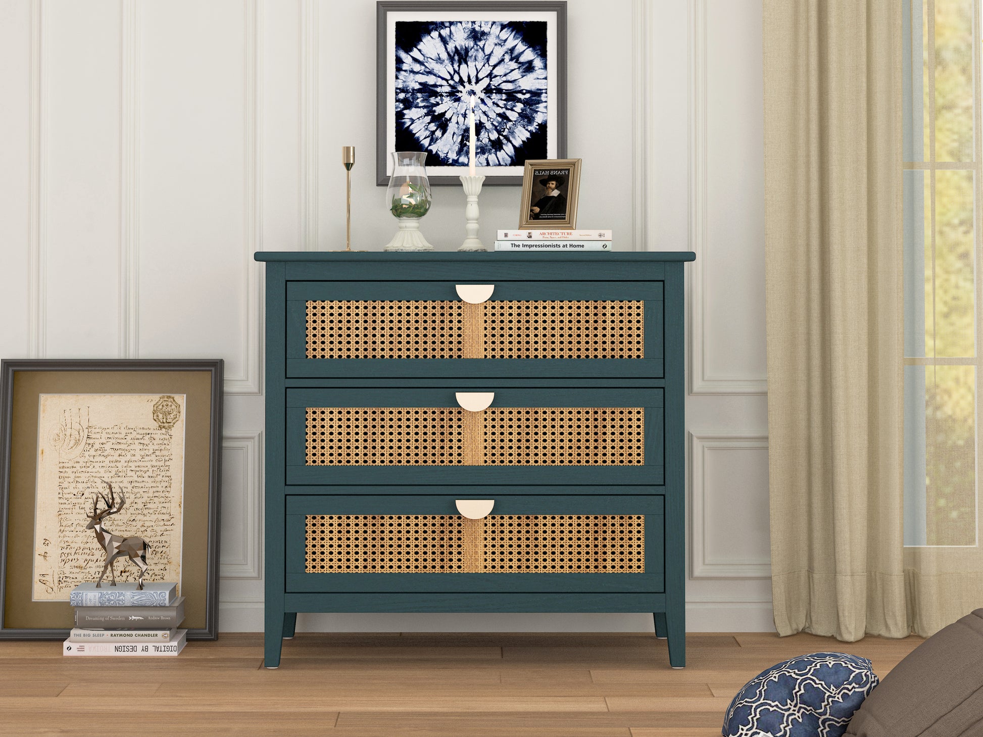 3 Drawer Cabinet,Natural rattan,American Furniture,Suitable for bedroom, living room, study