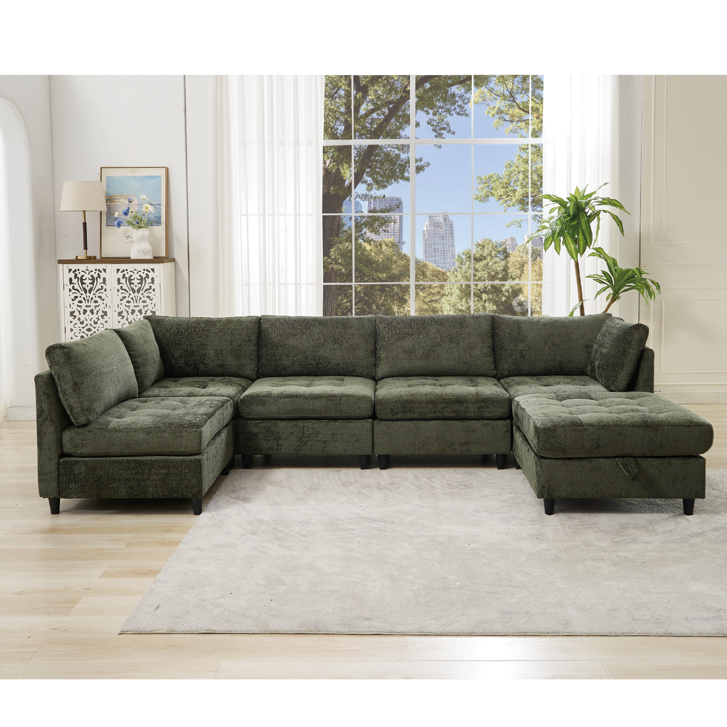 [NEW ARRIVED] [VIDEO PROVIDED]   Modular Sectional Couch with Storage Ottoman, U Shaped Sofa, Storage Ottoman,Minimalist ,Convertible Modular Sofa,Chenille ,Upholstered,6 Seat,Living Room,   Green