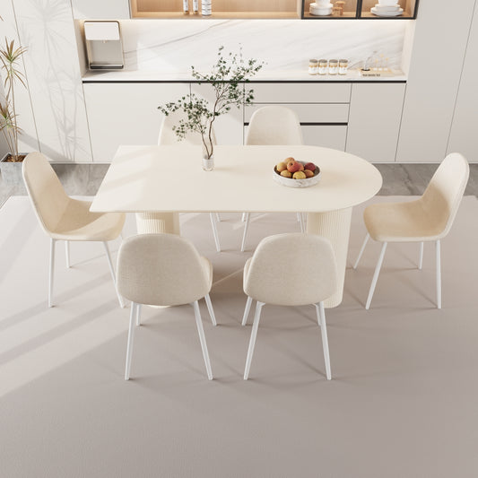 63 " MDF new cream style dining table and modern dining chair 8-piece set, modern kitchen dining table set, round wave table legs, dining table and round linen chairs (buy 6 chairs and get 2 free)