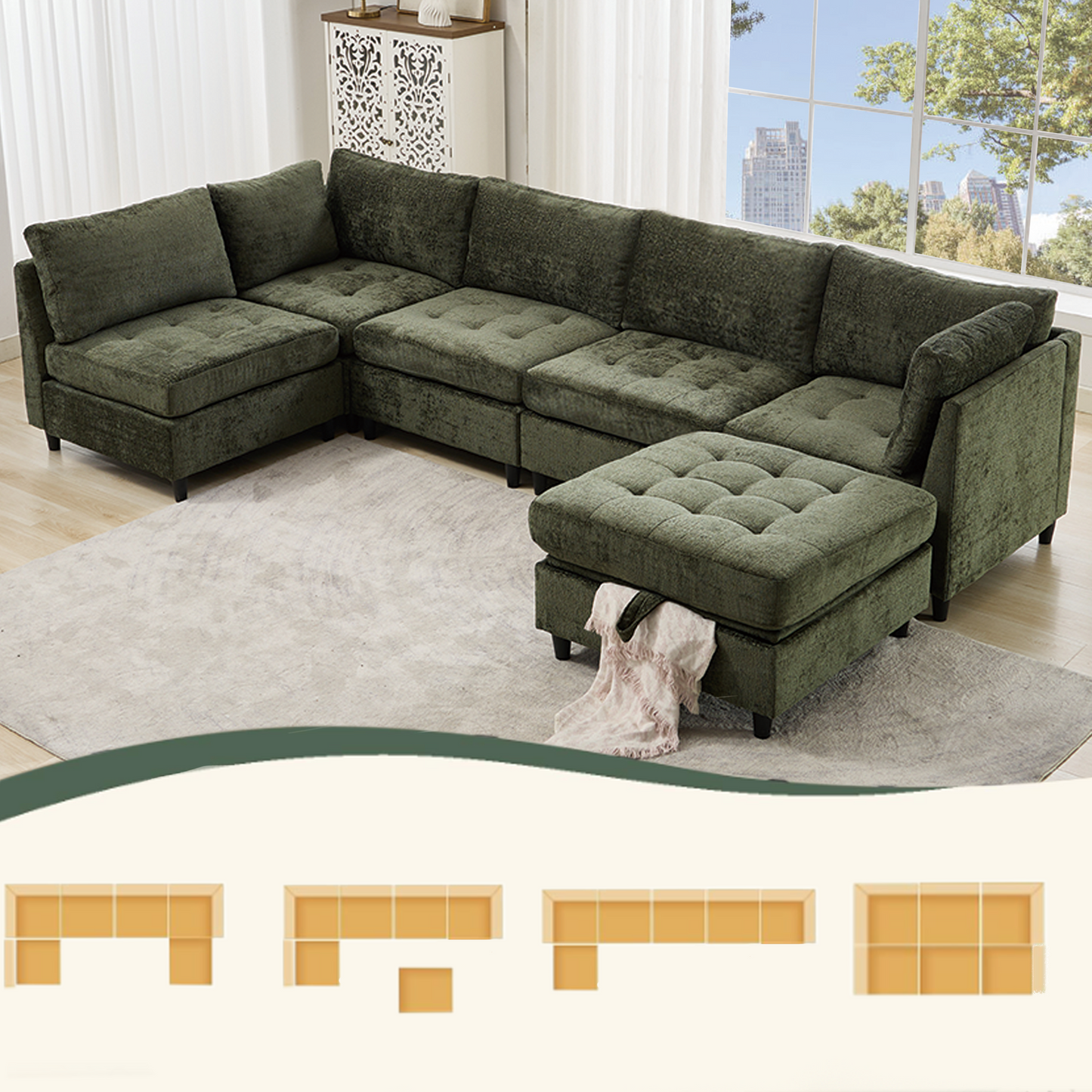 [NEW ARRIVED] [VIDEO PROVIDED]   Modular Sectional Couch with Storage Ottoman, U Shaped Sofa, Storage Ottoman,Minimalist ,Convertible Modular Sofa,Chenille ,Upholstered,6 Seat,Living Room,   Green