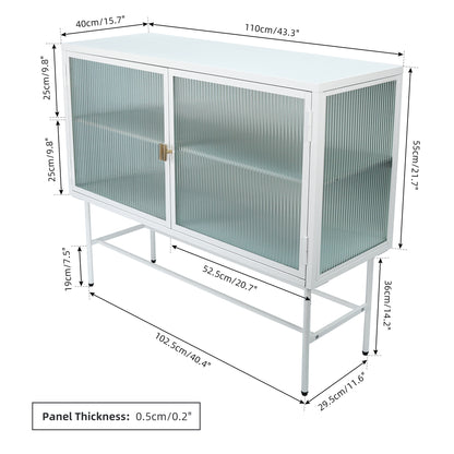 White Sideboard Storage Cabinet With Two Fluted Glass Doors Detachable Shelves Bottom Space for Living Room, Office, Dinging Room and Entryway