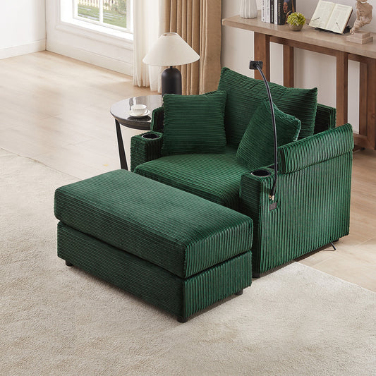 41.7" Modern Style Single Sofa Sofa Couch with Storage Space, A Movable Ottoman, Two USB Ports, Two Cup Holders, A Phone Holder for Living Room, Green