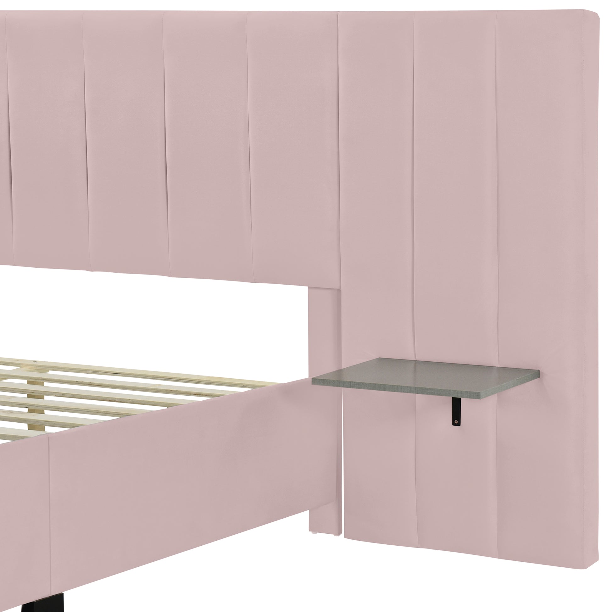 Queen Size Upholstered Platform Bed with Big Headboard, Bedroom Furniture, Velvet, Pink